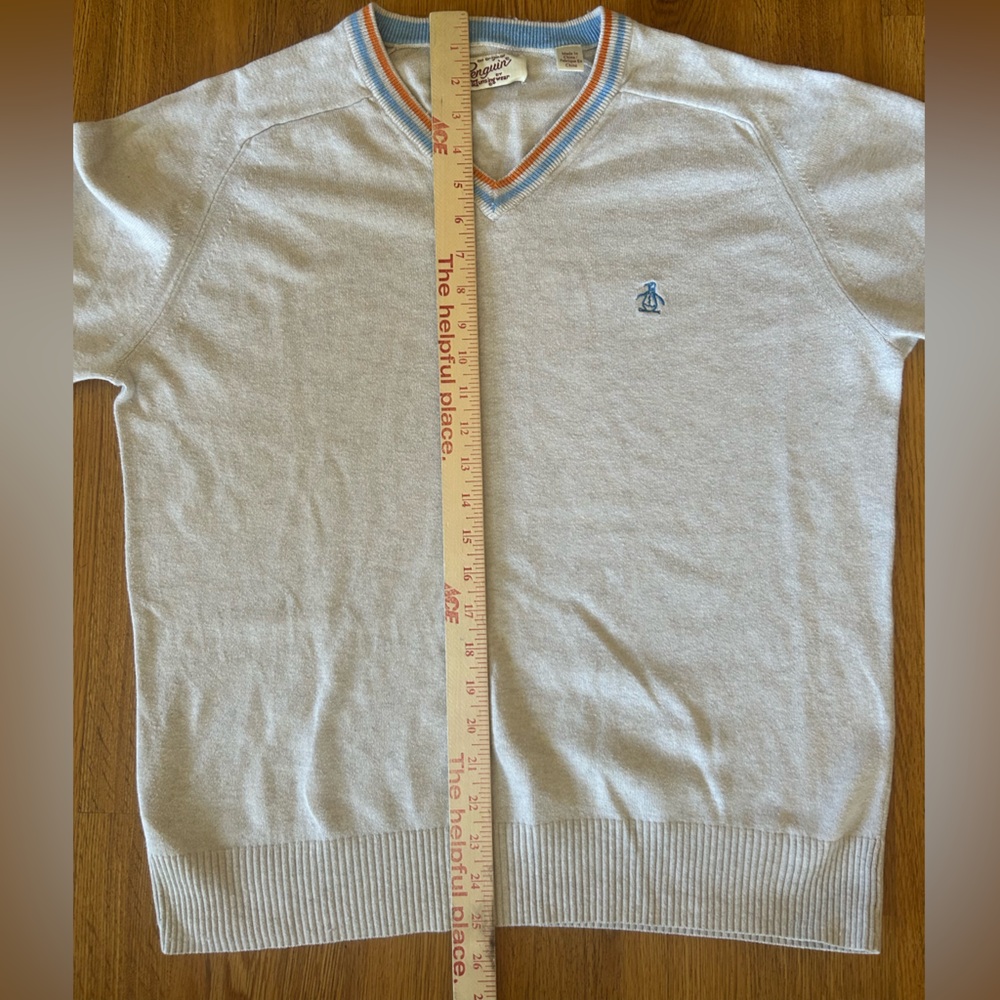 Original Penguin Gray V-Neck Sweater with Blue and Orange Trim